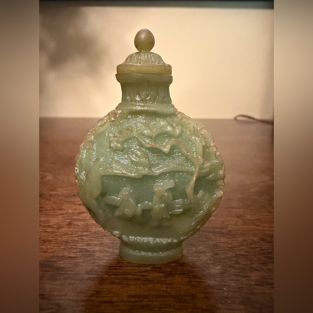 Vintage Snuff Bottle with Intricate Hand-Carved Natural Chinese Relief Scene